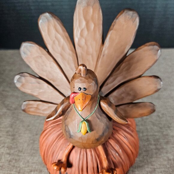 Blossom Bucket Folk Art Brown Turkey Sitting On A Pumpkin Happy Thanksgiving - Picture 2 of 10